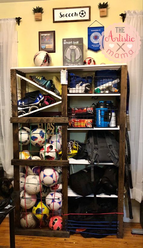 Soccer Gear Organization, Equipment Storage Ideas, Baseball Theme Room, Soccer Awards, Soccer Room, Sport Rack, Equipment Storage, Sports Organization, Baseball Theme