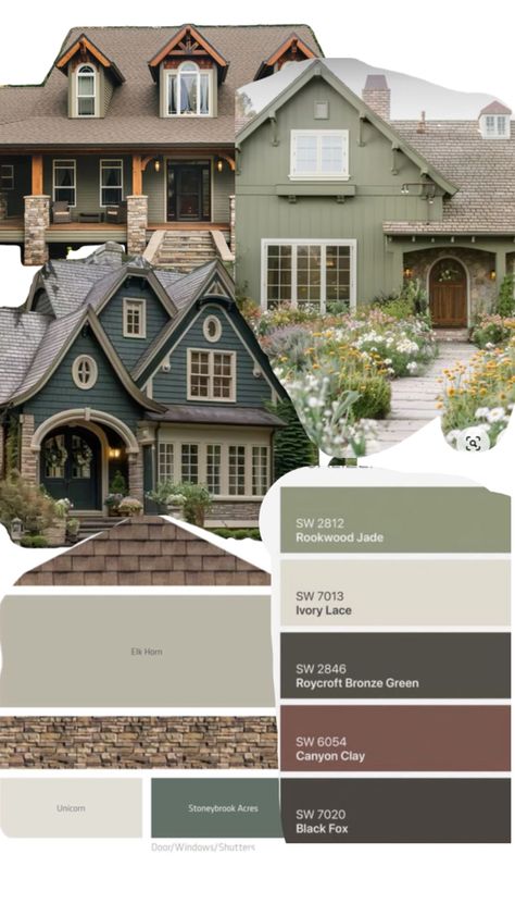 Modern Tudor House Exterior Paint Colors, Tan And Green House Exterior, Green Mountain House Exterior, Green Exterior With Brick, English Cottage Exterior Colors, A Frame House Exterior Color Schemes, Green Siding With Stone, Victorian Farmhouse Exterior Colors, Earthy Homes Exterior