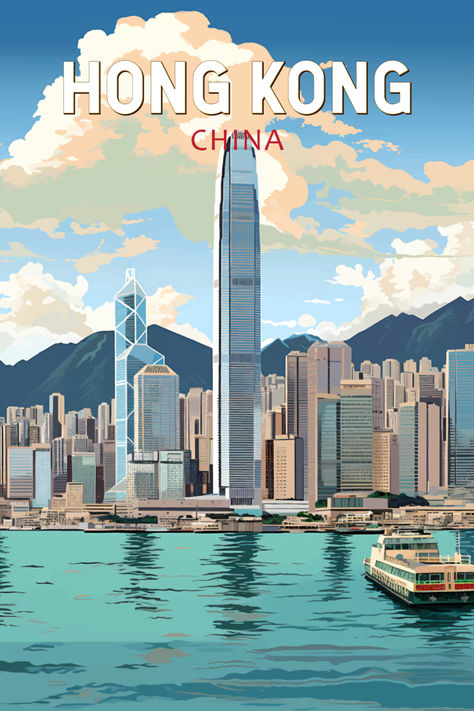 Vintage-style poster showcasing the dynamic cityscape of Hong Kong, China, perfect for adding a touch of urban nostalgia to your decor. Hong Kong Print, China Poster, Retro Hong Kong, Hong Kong Art, Explore China, Travel Poster Design, Hong Kong Travel, Retro Travel Poster, Travel Brand