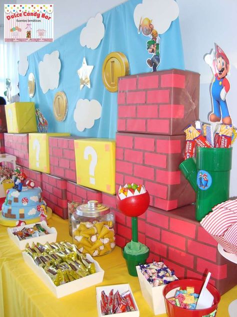 Super Mario Bros birthday party decorations! See more party planning ideas at CatchMyParty.com! Birthday Party Ideas Decoration, Nintendo Birthday Party, Mario Bros Birthday Party, Super Mario Bros Birthday, Mario Brothers Birthday Party, Party Ideas Decoration, Mario Bros Birthday Party Ideas, Nintendo Party, Super Mario Bros Birthday Party