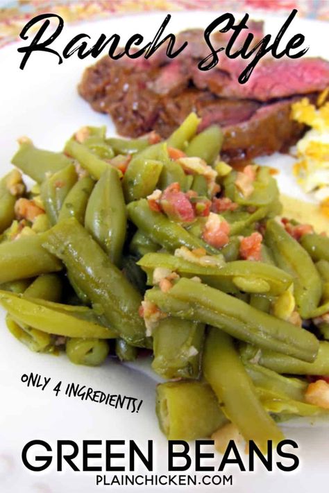 Ranch Style Green Beans Recipe - THE BEST green beans ever! Only 4 ingredients and ready in 20 minutes - you can't beat that! We eat these ALL the time! #greenbeans #sidedish Best Green Beans Ever, Canned Green Bean Recipes, Ranch Green Beans, Best Green Beans, The Best Green Beans, Green Beans Recipe, Plain Chicken, Beans Recipe, Green Bean Recipes