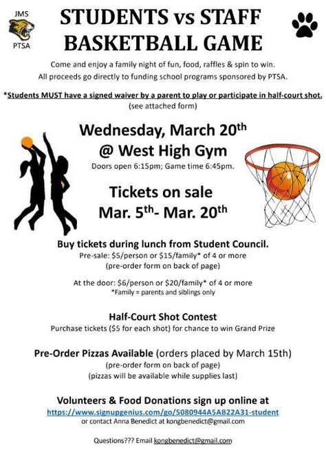 The Student vs Staff Basketball Game is on Wednesday, 3/20! | Jefferson Middle School School Fundraisers Middle School, School Fundraising Ideas Middle School, Pta Ideas For Students, Student Council Ideas High School Fundraisers, School Events Ideas High School, Middle School Pta Ideas, Middle School Pta Events, Prom Fundraiser Ideas, Middle School Fundraiser Ideas