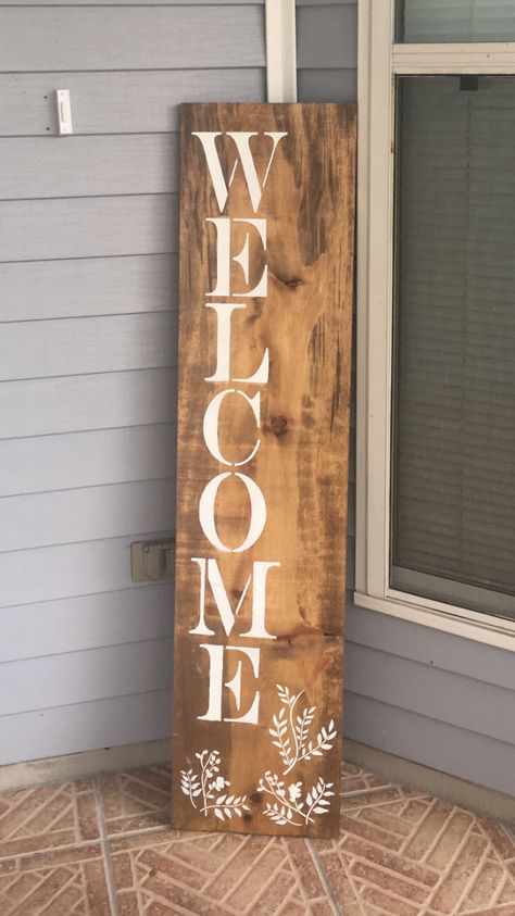 Wooden welcome sign front entry stained wood dark walnut floral Rustic Welcome Signs For Front Door, Welcome Sign Front Door Entrance, Apartment Signs, Curiosity Approach, Welcome Signs Front Door, Open Sign, Welcome Door Signs, Homemade Home Decor, Wooden Welcome Signs