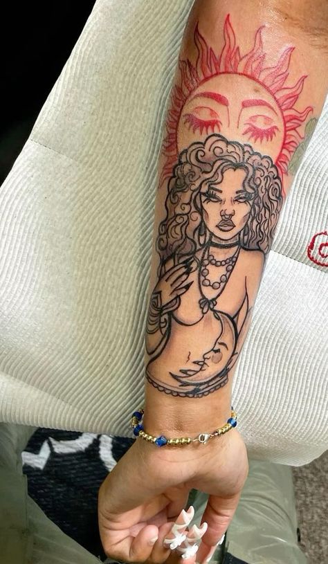 Tattoos That Look Like Stickers, Crazy Mind Tattoo, Arm Sleeves For Females, $150 Tattoo Ideas, Spiritual Tattoos Arm, Divine Feminine Spirituality Tattoo, Black Lady Tattoo, Sleeve Starter Tattoo Women, Drawing Tattoo Sketches Ideas