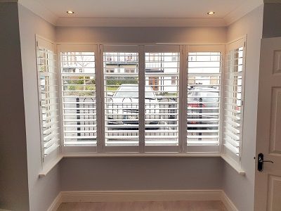 Bay Window Ideas Outside View, Shutter Blinds Bay Window, Internal Window Shutters, Square Bay Windows, Shutters Interior Window Living Room, Adding A Bay Window, Shutter Blinds For Windows, Window Shutters Inside, Shutters Interior Window