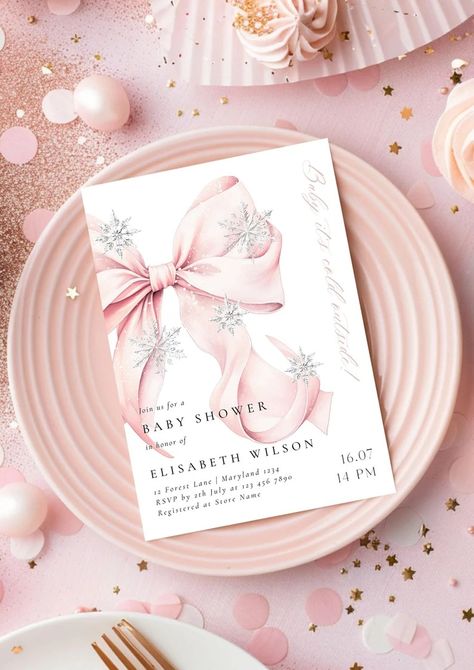 Pink Bow Baby It's Cold Outside Baby Shower Invitation Template Christmas Holiday Snowflake Snowfall Winter Wonderland Elegant Shower Invite - Etsy Romania Baby Shower Chic, Bow Birthday, Snowflake Baby Shower, Bow Baby Shower, Outside Baby Showers, Winter Wonderland Baby Shower, Template Christmas, Holiday Snowflakes, Baby Shower Invitation Template