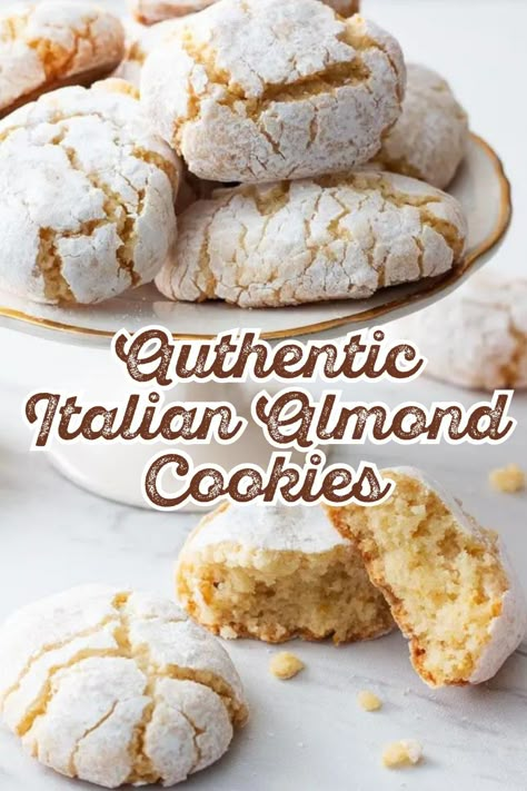 Learn how to make authentic Italian Almond Cookies with this easy cookie recipe! These traditional Italian cookies are perfect for holidays or to bring to a cookie exchange party. Their chewy texture and delightful almond flavor give these cookies a unique flavor. Simple, delicious, this cookie recipe is perfect for sharing. Almond Crinkle Cookies Recipe, Italian Ricciarelli Cookies, Italian Amaretto Butter Cookies, Almond Cookies Italian, Sicilian Almond Cookies Recipes, Vanilla Almond Cookies, Sesame Cookies Italian, Italian Macaroons Recipe, Almond Tea Cookies