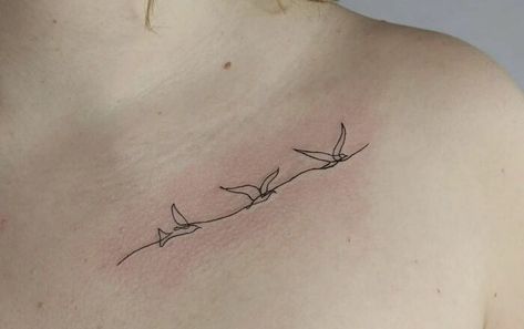 Single Line Birds Tattoo Tattoos In Threes, Sibling Bird Tattoos, Three Sibling Tattoos Simple, Three Birds On A Branch Tattoo, Three Birds Tattoo Simple, Fine Line Hawk Tattoo, 3 Doves Tattoo, Single Line Bird Tattoo, Bird On Shoulder Tattoo