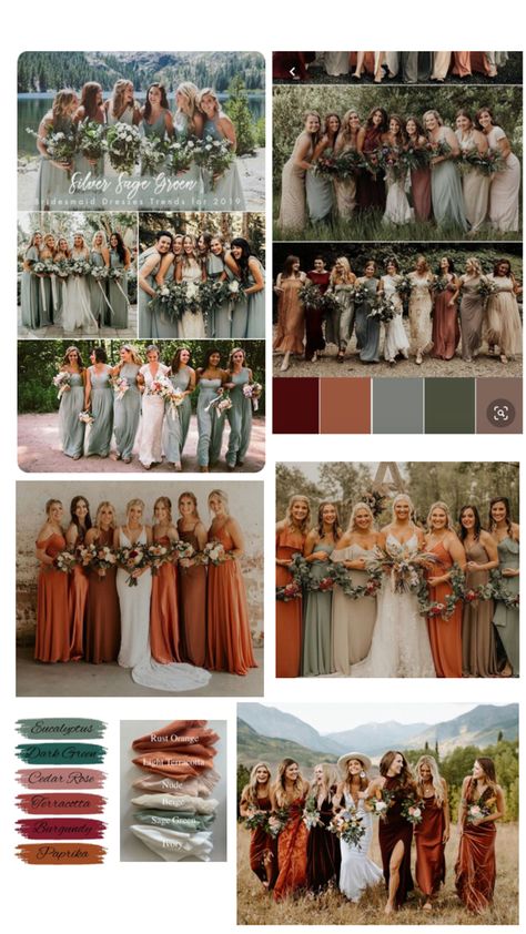 Earthy Tone Wedding Bridesmaid Dress, Earth Toned Bridal Party, Earth Tone Bridesmaid Dresses Spring, Spring Vs Fall Wedding, Sage Green And Terracotta Wedding Bridesmaids, Sage And Terracotta Bridesmaid Dresses, Earth Tone Wedding Dress, Mixed Bridesmaid Dresses Fall Wedding Color Palettes, Fall Multicolored Bridesmaid Dresses