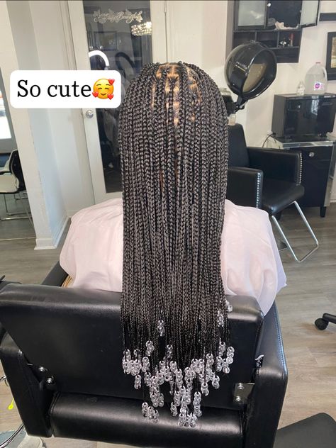 Knotless Box Braids With Clear Beads, Braids With Clear Beads Black Women, Beads On Braids Black Women, Box Braids Clear Beads, Black Braids With Clear Beads, Box Braids Hairstyles Beads, Small Knotless Box Braids With Beads, Box Braids Hairstyles Small, Small Box Braids With Beads