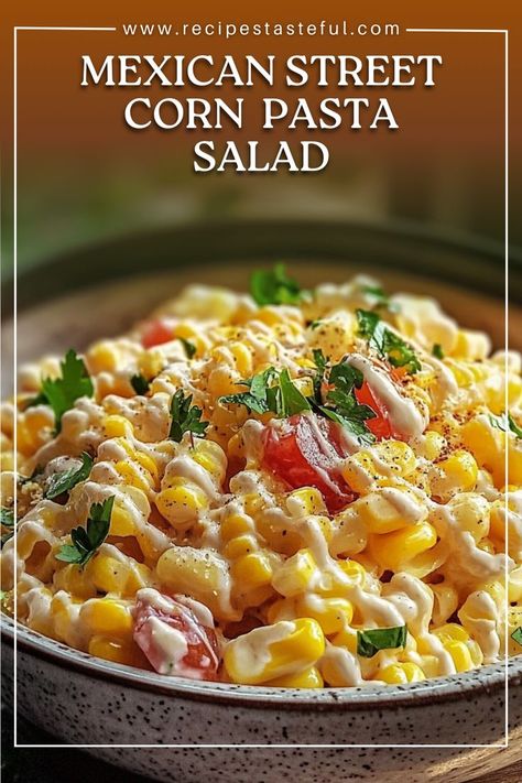 This flavorful Mexican Street Corn Pasta Salad combines smoky grilled corn with a creamy, zesty dressing, creating a refreshing dish perfect for potlucks or summer gatherings. Enjoy the heartiness of pasta complemented by cotija cheese, jalapeño, cilantro, and lime juice for authentic Mexican flavors. Mexican Pasta Salad Recipes Easy, Corn Relish Dip, Corn Chip Salad, Mexican Pasta Salad Recipes, Mexican Street Corn Pasta Salad, Mexican Street Corn Pasta, Street Corn Pasta Salad, Street Corn Pasta, Mexican Pasta Salad