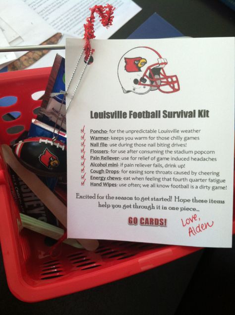 Football season survival kit I made! Poncho, hand Warmers, candy, Tylenol, nail files for those "nail biter" moments, etc! Go Cards! Football Survival Kit Ideas, Football Coach Wife, Pep Squad, Louisville Football, Mom Survival Kit, Alcohol Games, Senior Week, Baseball Ideas, Coaches Wife