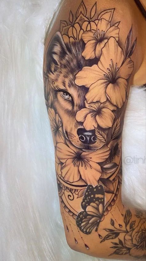 Wolf And Flower Sleeve Tattoo, Half Arm Sleeve Tattoo For Women Forearm, Half Arm Sleeve Tattoo, Lace Sleeve Tattoos, Wolf Tattoos For Women, Unique Half Sleeve Tattoos, Arm Sleeve Tattoos For Women, Animal Sleeve Tattoo, Bauch Tattoos