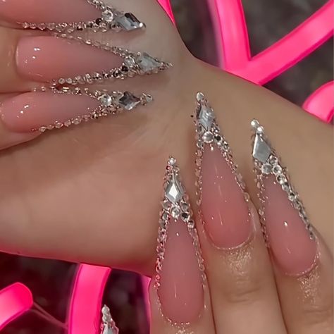 BABALAL Long Stiletto Press on Nails Sliver Bling Fake Nails French Luxury Glue on Nails Shiny Rhinestone Design 24Pcs Almond Handmade Full Cover False Nails Amazon Affiliate Nails Coastal, Nails Seashell, Coastal Nails, Nails July, Nails August, Shorties Nails, Nails September, 2024 Beach, Hawaii Nails