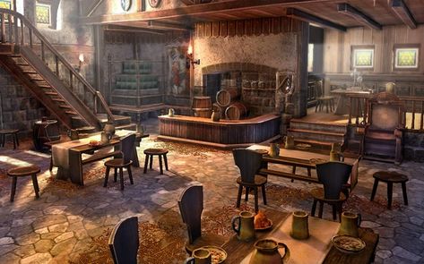 taverns - Imgur Tavern Interior, Taverna Medieval, Fantasy Inn, Kapal Karam, Medieval Tavern, Level Design, Tables And Chairs, Fantasy Places, Fantasy Setting