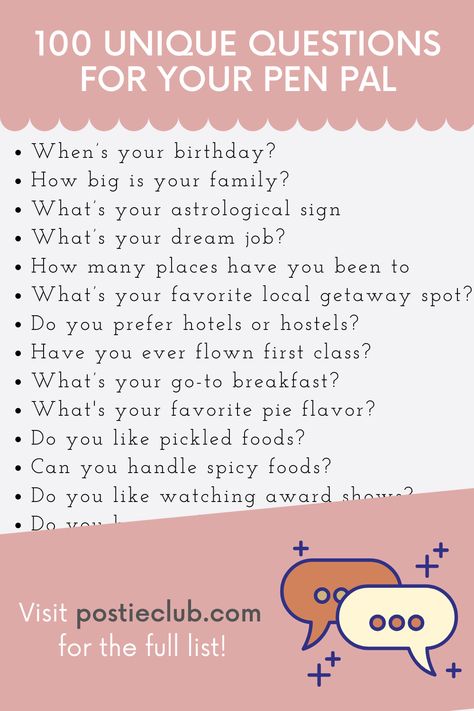 100 Fun & Interesting Questions to Get to Know Your Pen Pal – drawn by leslie Pen Pal Questions, Penpal Questions, Jail Letters, Happy Mail Inspiration, Mail Inspiration, Penpal Ideas, Penpal Letters, Snail Mail Inspiration, Snail Mail Pen Pals