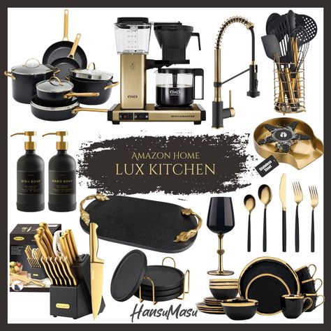 Lux Kitchen Elegance: 12 Must-Have Black and Gold Kitchen Essentials on Amazon — HansuMasu Gold And Black Kitchen Ideas, Kitchen With Black And Gold Appliances, Black And Gold Kitchen Decor Ideas, Black White And Gold Kitchen Decor, Black Gold And White Kitchen, Black And Gold House Decor, Black And Gold Kitchen Decor, Black White Gold Kitchen, Black And Gold Kitchen Ideas