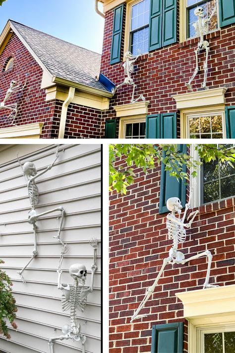 Halloween Skeleton Balcony, Skeletons Hanging From House, Skeletons And Spiders On House, Skeleton Hanging From House, Hanging Skeleton Halloween Decorations, Skeleton House Decoration, Skeleton House Halloween, Skeleton House Decor, Hanging Skeletons On House