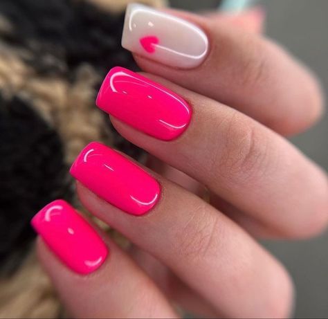 Chic Summer Nails Classy, Valentines Gel Manicure, Hot Pink Valentines Day Nails, Pink Elegant Nails, Hot Pink Valentine Nails, Fancy Pink Nails, Hot Pink Nail Art, Pink Gel Nails, February Nails