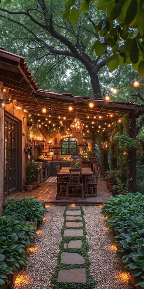 Wrap Around Patio, Tiny Backyard Ideas, Private Backyard Oasis, Backyard Patio Decor, Serene Backyard, Modern Small Bathroom, String Lighting, Outdoor Living Spaces, Dream Backyard