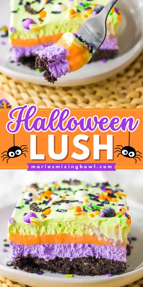 Looking for Halloween treats to make? This easy lush recipe is a perfect Halloween party idea! You can't go wrong with this simple Halloween dessert. With an Oreo cookie crust and colorful pudding layers, this no-bake Halloween lush is fun and festive! No Bake Halloween Lush, East Halloween Desserts, Easy Halloween Baked Treats, Halloween Desserts For Contest, Halloween Lush Dessert, Halloween Pies Desserts, Oreo Dessert Halloween, Super Easy Halloween Desserts, Dessert Lush Recipes