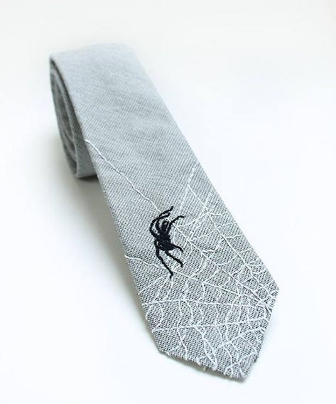 Who dares to wear this tie with spider web and spider? Surprise your office colleagues and send them a shudder over their backs when they suddenly perceive a spider on your necktie. Funny embroidery on a narrow, gray cotton tie. Hand embroidered. Embroidery On Gray Fabric, Spiderweb Embroidery, Tie Embroidery, Dyed Clothes, Spider Embroidery, Office Colleagues, Funny Embroidery, Bday Wishlist, Embroidered Tie