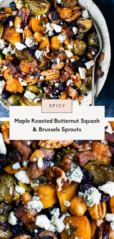 Sweet and spicy maple roasted butternut squash and brussels sprouts with savory, crispy bacon, sweet dried cranberries, toasty pecans, and crumbled cheese. This filling, veggie-packed dish is the perfect side dish or a main meal for the holidays or weeknights! Butternut Squash Bacon, Butternut Squash Cubes, Cooking Bacon, Butternut Squash Recipes, Sprout Recipes, Brussels Sprouts Recipe, Veggie Side Dishes, Roasted Brussel Sprouts, Roasted Butternut Squash