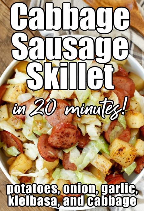 {20 Minute} Kielbasa Cabbage Potato Skillet - Barefeet in the Kitchen Kilbasa Sausage Recipes Cabbage, Cabbage Sausage Potato, Cabbage And Sausage Skillet, Fried Cabbage And Potatoes, Kielbasa Cabbage, Smoked Sausage And Potato Recipe, Cabbage And Smoked Sausage, Fried Cabbage With Sausage, Kielbasa And Potatoes