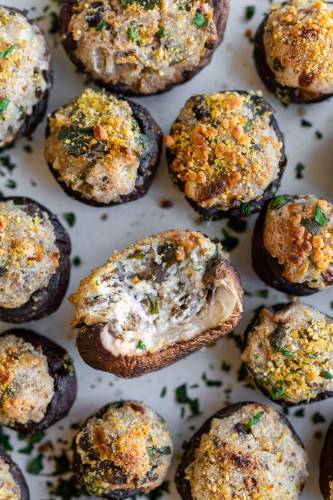 These Vegan Stuffed Mushrooms are the most delicious vegan appetizer! Made with vegan cream cheese and fresh herbs, you'll adore these easy mushroom bites. They're the perfect vegan holiday appetizer and easily made gluten-free! Stuffed Mushrooms Vegan, Stuffed Mushrooms Cream Cheese, Mushroom Bites, Vegan Stuffed Mushrooms, Salty Recipes, Vegan Appetizer, Cream Cheese Appetizer, Holiday Appetizers Easy, Stuffed Mushroom