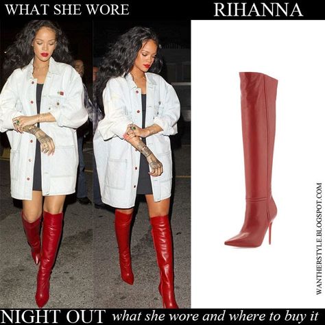 Rihanna in red leather over the knee boots Christian Louboutin Armurabotta with denim oversized jacke Want Her Style #rihanna #boots #fashion #red #leather #outfit Blazer And Over The Knee Boots, Red Long Boots Outfit, Fall Outfits With Red Boots, Red Thigh Boots Outfit, Red Over The Knee Boots Outfit, Red Patent Leather Boots Outfit, Long Red Boots Outfit, How To Style Red Boots, Styling Red Boots