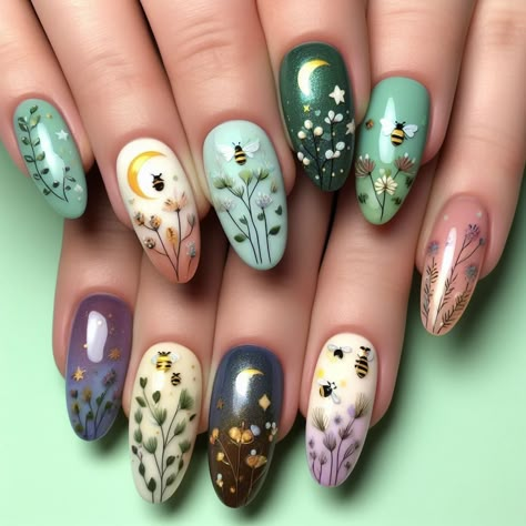 Ostara Nail Designs, Cottagecore Nail Designs, Librarian Nails, Mother Nature Nails, Lunar Moth Nails, Beltane Nails, Spring Witch Nails, Witchy Spring Nails, Plant Nails Acrylic