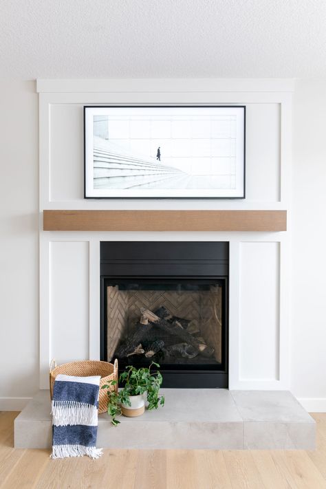 White Oak Mantel Fireplace, White Oak Fireplace Mantle, White Fireplace With Wood Mantle, White Oak Mantle, Wood Mantle Fireplace, Oak Mantle, Winter Lounge, Fireplace Redo, Fireplace Room