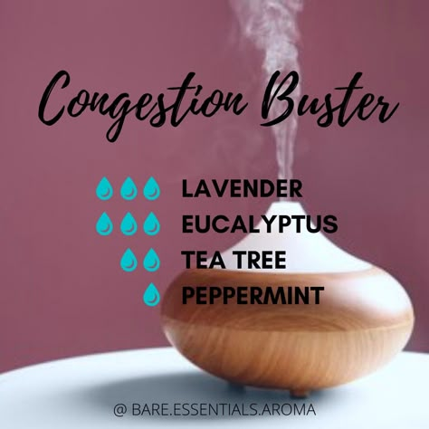 Essential oil diffuser blend; 3 drops lavender, 3 drops eucalyptus, 2 drops tea tree, 1 drop peppermint. Diffuser Blends For A Cold, Oils To Diffuse For Congestion, Breathing Essential Oil Blend, Essential Oil Recipe For Cough, Congestion Oil Diffuser Blend, Essential Oil Sickness Diffuser, Essential Oil Diffuser Blends For Stuffy Nose, Essential Oils For Cough And Congestion In Diffuser, Congested Diffuser Blend