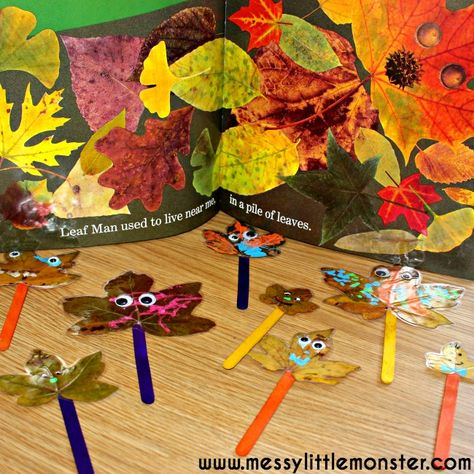 Leaf man puppets. A simple craft inspired by the book 'Leaf Man' by Lois Ehlert. Fall/ autumn activities for toddlers and preschoolers. Leaf Puppets, Autumn Activities For Toddlers, Lois Ehlert, Fall Crafts For Toddlers, Thanksgiving Crafts For Toddlers, Preschool Crafts Fall, Leaf Man, Kids Fall Crafts, Eyfs Activities