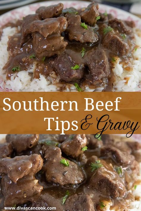 Beef Tips And Rice, Rice And Gravy, Beef Tip Recipes, Beef Tips And Gravy, Divas Can Cook, Steak Tips, Beef Gravy, Homemade Gravy, Beef Stew Meat