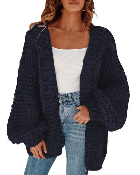 PRICES MAY VARY. 100% Acrylic Material: This open front cardigan sweater is formed from chunky knits, keeping your body warm all day. Features: Loose Fit, Open Front, Long Sleeve, Chunky Knit, Soft & Stretchy, Oversized Cardigan Sweater Pair with: Slouchy coats easily match with leggings, jeans, shorts and skirts. Easily complete a trendy look. Enable you look modest and elegant. Occasion: With exquisite details, this chic warm sweaters are perfect for party, school, office, dating and other occ Womens Chunky Cardigan, Chunky Coat, Oversized Sweater Coat, Chunky Cable Knit Sweater, Oversized Sweater Cardigan, Long Knit Cardigan, Outwear Coat, Gilet Long, Cardigan Sweaters