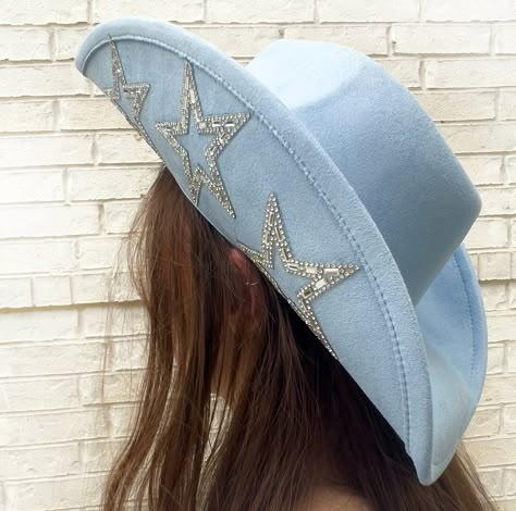 Cowgirl Hat Blue Star Embellished Studded Rhinestone Star Cowboy Hat Nashville Bachelorette Hat Bach Party Bride Concert Outfit Cute Gifts - Etsy Star Cowboy Hat, Hat With Stars, Bachelorette Hats, Suede Hat, Denim And Diamonds, Looks Country, Nashville Bachelorette, Black Cowboy, Outfit Cute