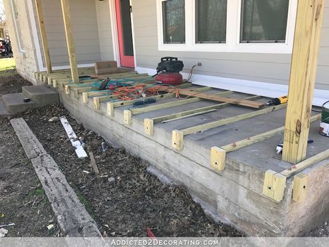 Deck Over Concrete, Porch Small, Wood Front Porch, Front Porch Remodel, Concrete Front Porch, Porch Kits, Front Porch Makeover, Porch Remodel, Porch Floor