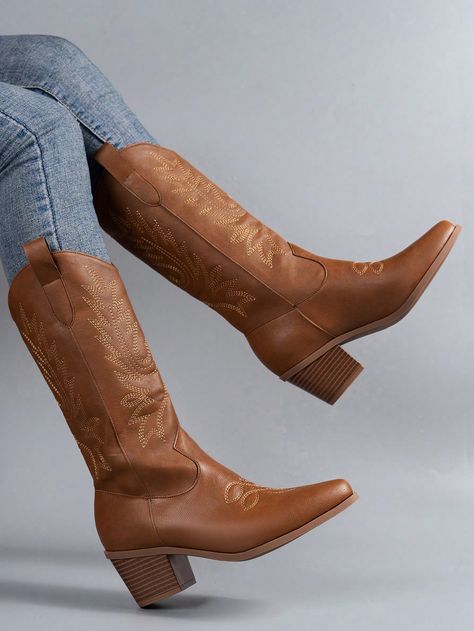 Women's Vintage Western Embroidered  Boots, Mid-Calf, Thick Heel, V-Cut Knight Boots, Fashionable FootwearI discovered amazing products on SHEIN.com, come check them out! Luchesse Boots, Boots Brown Women, Embroidered Chunky Heels, Cowboy Boots Brown, Botas Western, Women's Equestrian, Knight Boots, Embroidered Boots, Equestrian Boots