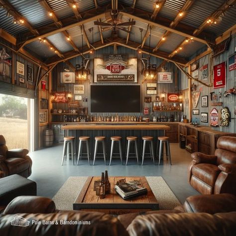 Simple Barndominium Ideas: Affordable Designs Timber Interior Design, Party Garage Ideas, Barndominium Bar, Pole Barn Man Cave Ideas, Party Barn Ideas, Pole Barn Bar, Party Barn Interior, Simple Barndominium Ideas, Pole Barn Man Cave