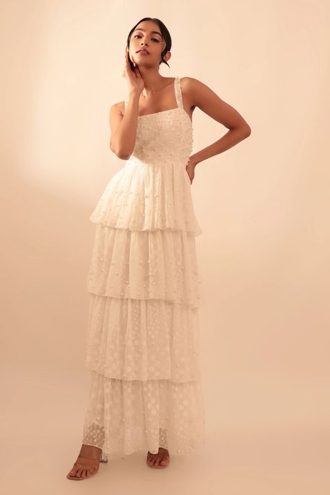 White Taffeta Elisa Pearl Embroidered Dress White Formal Gowns, Embroidered Wedding Dress, Pearl Embroidery, White Embroidered Dress, Gown For Women, White Gown, Pearl Dress, White Cotton Dress, White Gowns