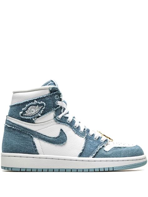 Jordan Air Jordan 1 High OG Sneakers - Farfetch Jordan 1 High Og Denim, Jordan 1 Blue, Jordan Wings, Pretty Sneakers, Denim Sneakers, Jordan Air, Jordan 1 High Og, Air Jordan 1 Retro High Og, Swoosh Logo