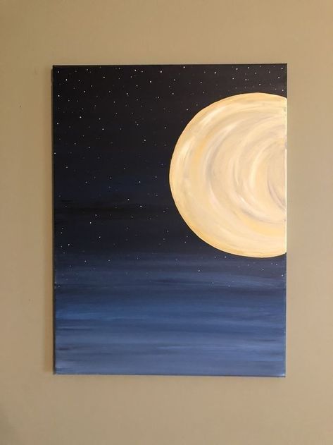 Night Sky Painting, Small Canvas Paintings, Simple Canvas Paintings, Cute Canvas Paintings, Easy Canvas Art, Moon Painting, Canvas Painting Designs, Seni Cat Air, Canvas Painting Diy