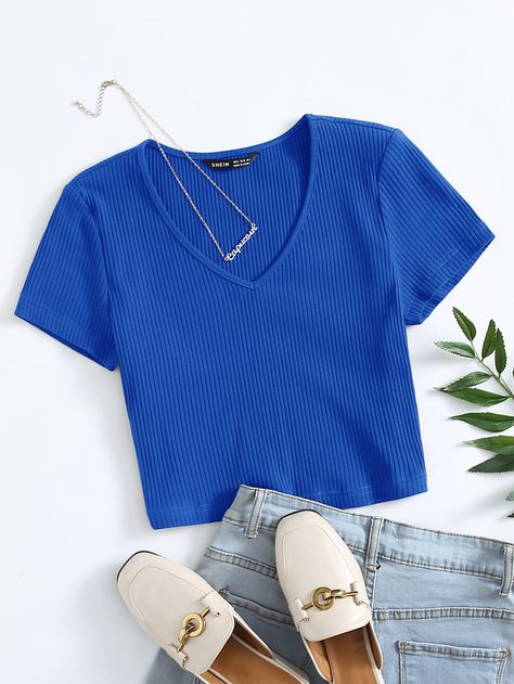 Rib Knit Top, Casual Cap, Women T Shirts, Girls Fashion Clothes, Knit Tees, Cute Casual Outfits, Cute Tops, Fashion Online Shop, Summer Women