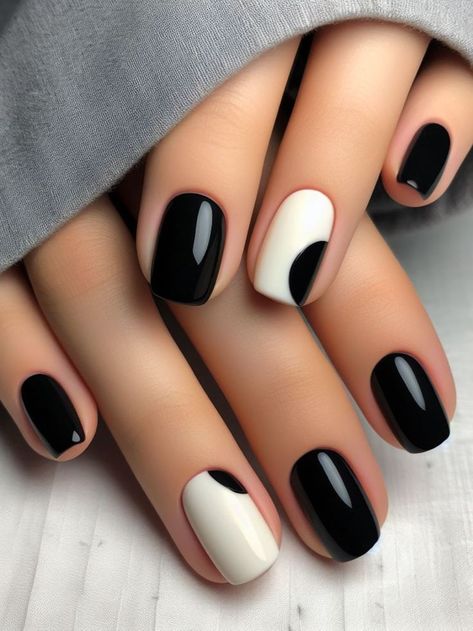 A minimalist black and white nail design with negative space accents Nail Art Accent Nail, Black Nails Minimalist, Black And White Minimalist Nails, Minimalist Nails 2024, Black With White Nails, Black And White Nail Art Designs, White Black Nails Design, Black Nails With White Design, Black Minimalist Nails