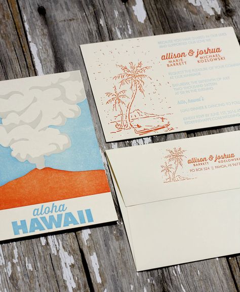 Hawaii Themed Wedding, Hawaii Wedding Invitations, Destination Wedding Invitation Wording, Hawaiian Wedding Invitations, Letterpress Wedding Invitation Suite, Luau Party Invitations, Luau Invitations, Beach Theme Wedding Invitations, Letterpress Wedding Invitation