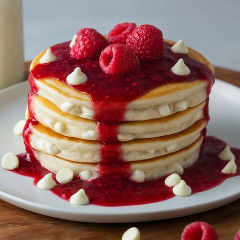 White Chocolate Pancakes + Raspberry Sauce - Instacart White Chocolate Raspberry Pancakes, White Chocolate Pancakes, Valentines Day Pancakes, Pancakes Raspberry, Raspberry Pancakes Recipe, Brekky Ideas, Dessert Pancakes, Pancakes Aesthetic, Raspberry Pancakes