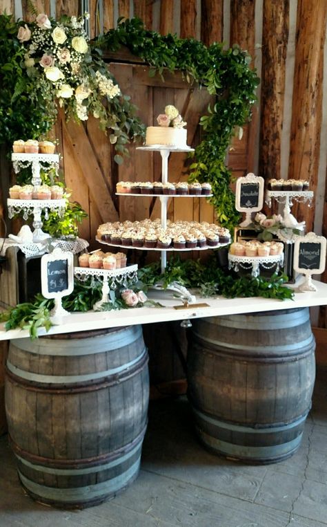 March Wedding Decorations Reception Ideas, Outdoor Wedding Cake Table, Modern Rustic Centerpieces Wedding, Bar Ideas For Wedding Receptions, Barn Style Wedding Decor, Dessert Table Ideas Rustic, Dessert Bar Wedding Rustic, Barrel Decor Ideas Wedding, Wedding Dessert Table Ideas Rustic