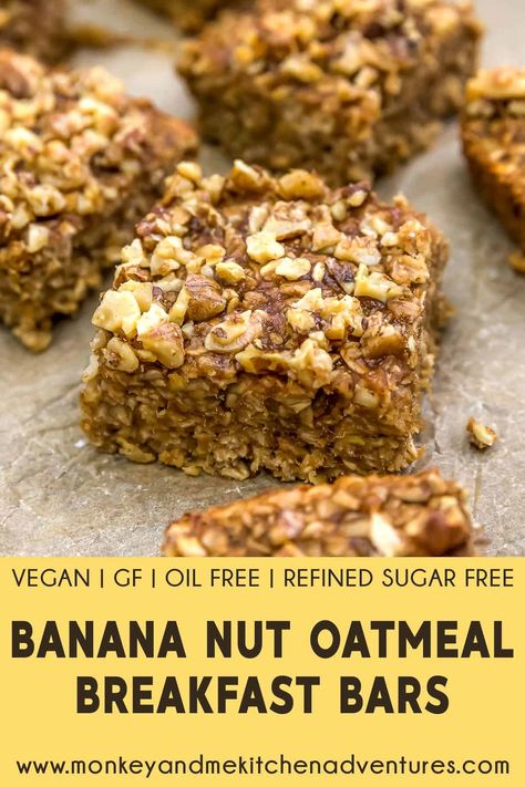 Oatmeal Nut Bars, Banana Nut Bars, Wfpb Breakfast, Okinawa Diet, Banana Nut Oatmeal, Monkey And Me Kitchen Adventures, Monkey And Me, Oatmeal Breakfast Bars, Plant Based Recipes Breakfast