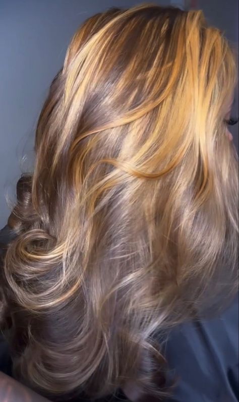 3 Tone Hair Color Highlights, Nomi Aesthetic, Honey Blonde Highlights On Dark Hair, Blonde Hair With Brown Underneath, 2000s Hair, Hair Grease, Natural Hair Blowout, Blonde Dye, Blonde Highlights On Dark Hair